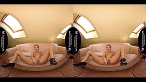 Solo blonde stunner, Sarah Kay is masturbating, in VR