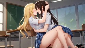 Two Girls in Uniforms. Hot Kiss