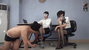 Two goddesses trample and humiliate each other with their black silk feet, stepping on the dick!