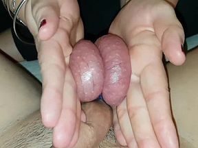 She squeezes his balls hard till he cums ! Ballbusting ruined orgasm