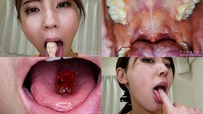 Natuki Takeuchi - Showing inside cute girl&#039;s mouth, chewing gummy candys, sucking fingers, licking and sucking human doll, and chewing dried sardines - MOV