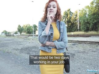 Public Agent Hawt redhead waitress sucks dick and gets drilled doggy style outside in public