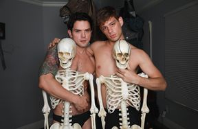 Horny guys enjoy Halloween foreplay at first