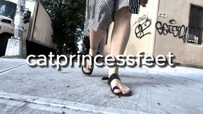 Stare at my feet as i walk; Bedstuy in toe loop sandals, natural toes, milf feet