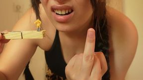 a giantess stepsister humiliates her tiny stepsister; she spreads her camel toe-like pussy and rubs it, then pinches the stepsister with a clothespin to humiliate her, and finally farts on her with he