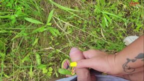 Stepmom holds stepson's cock while he pees in nature