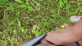 Stepmom holds stepson's cock while he pees in nature