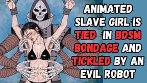 Tickling Dungeon slave girl in a bikini tied in a dark dungeon as an evil robotic device tickles her belly and armpits as she struggles in BDSM bondage fetish