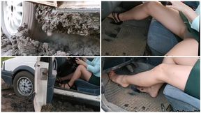 Sexy girl in pantyhose and in high heels stuck hard deep soft mud UPSKIRT