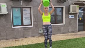 Pouring water from buckets and wet masturbation