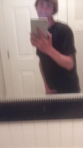 Dirty boy jerks off cock in bathroom with smegma