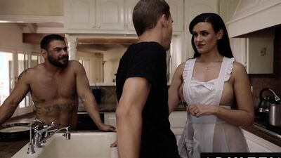 Two beefed bisexual guys and one brunette in kinky MMF 3some