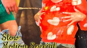 Enjoying the warm piss shower in my cute heart sweater (silent slow motion special)