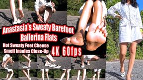 4k - Anastasia's Sweaty Barefoot Ballerina Flats | Hot Sweaty Feet Cheese Smell Insoles Close-Up | Foot Fetish VR Sole Pressing Out of Shoe Tease