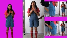 Candy thief eRica gets paddled over her overalls