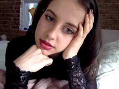 Small titted brunette teen fingering on the bed