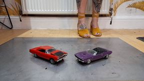 Giantess Atari queen destroys a Plymouth Road Runner & Dodge Challenger toy car crush in sexy yellow wedges ground view