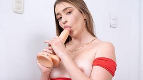 ”Brunette sexy girl with hard pencil-eraser nips strips off her red lingerie & shows off some of her favorite toys.”