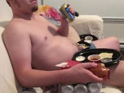 Stuffing & Watching Anime. Chubby Guy, Big Belly Meal! Eating Too Much Hehe