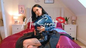 Scarlett's trench coat and teal satin blouse pillow fuck