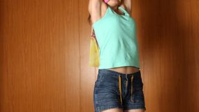Angela: cleave-gagged barefoot girl in tank-top and jeans shorts, tied standing on her tip-toes with her hands tied up high above her, is teased and spanked by a man (HD MP4)