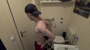 Sneakerboy strips stinky gym socks in a steaming shower gagging on his own sweat