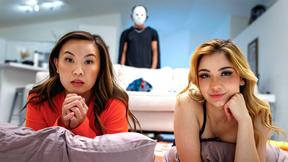 ”Tiny step sister & BESTFRIEND halloween party watching scary movies”