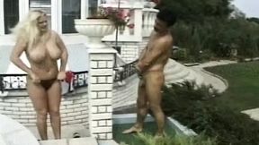 Super sexy French platinum rides hard shaft in backyard