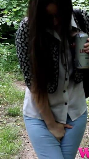 Skinny Brunette Full Bladder Pee Desperation and Pushing Her Pussy to Stop Her Pee in the Forest