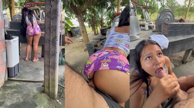 Peasant nymph in pjs begs for a thick load down her throat in front of strangers