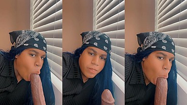 Mickigetsmessy sucks on Huge Black Cock Dildo, Gagging and Drooling