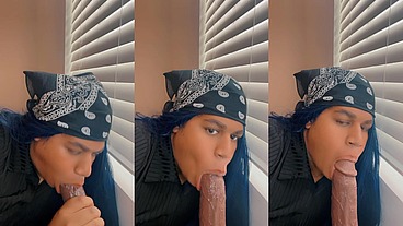 Mickigetsmessy sucks on Huge Black Cock Dildo, Gagging and Drooling