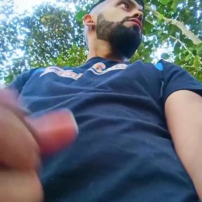 Big Uncut Cock Latino Jerking Outdoors in the Woods and Eating His Tasty Cum Careful Not to Get Caught