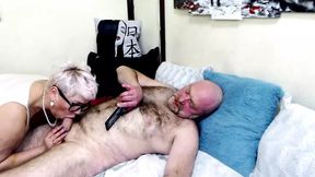 Quivering old tart goes down on a shaved prick, takes his load on her dirty mouth