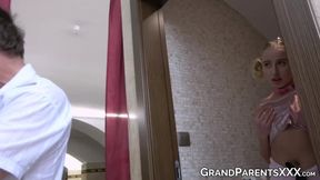 Busty blonde milf gives deepthroat blowjob to big cock