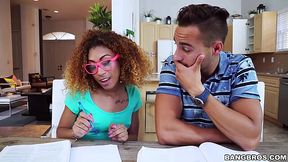 Ebony teen helps with Homework and sucks white cock of her Classmate