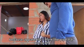 My Plumber Fucks Me While My Husband Was Away and Fills My Pipe with Cum, HD Spanish Porn, English Subtitles