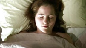 Fatty redhead 90s girl fondles herself under the sheet and excitingly masturbates