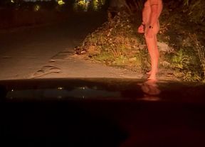 Wanking naked in road