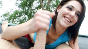 ”Stunning babe gives handjob for some cum”