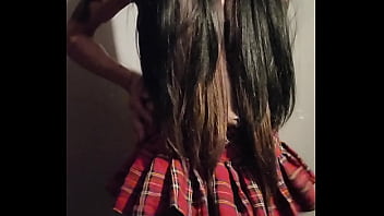 Crossdresser with long hair slow strip