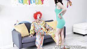 ”Horny clown Quinton James offers hard meat for a ride with babe milf Alana Cru”