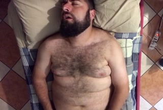 Big hairy bearded bear horny on the bed solo jerk off moaning a lot. Orgasm face. Beautiful Agony