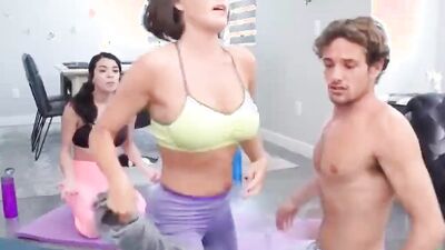 Slutty MILF and stepdaughter are fucking with lucky Yoga instructor