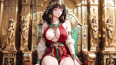 Regal voluptuous queen teases with her scepter on a red and gold throne in lazy sunlight