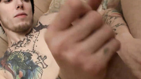 Skinny straight twink with tattoos plays with his shaft