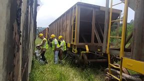 The workers worked hard today. They invited their friend for an orgy at lunchtime, and