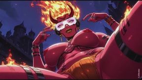 94 Fire element demon sexy pose in front of a dark castle