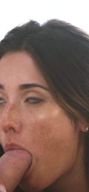 Cute babe with freckles takes a big dick blowjob from her lover