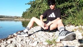 Jon Arteen Wanks Outdoor On A Pebbles Beach, The Sexy Twink Wearing Short Shorts Cums On His Thigh, And Cumplay 7 Min